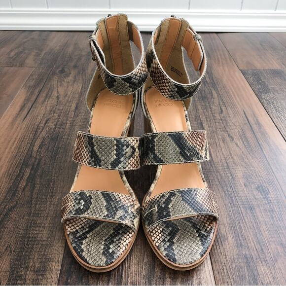 Frye & Co Strappy Leather Sandal Block Heel Neutral Snakeskin Taupe Size 8.5 - Picture 3 of 15